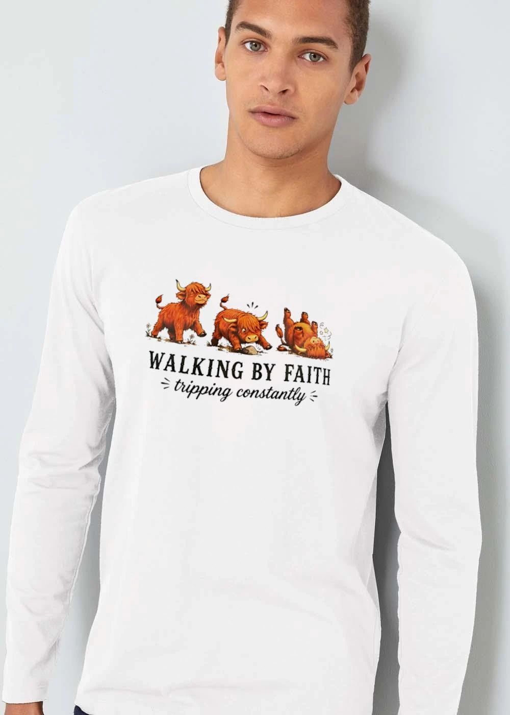 Walking By Faith Tripping Constantly Cartoon Highland Cows Stumbling Over Rock shirt