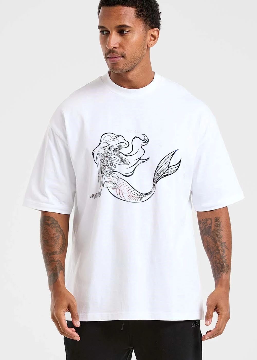 Anatomical Skeleton Mermaid Sitting Pose Flowing Hair Line Art shirt