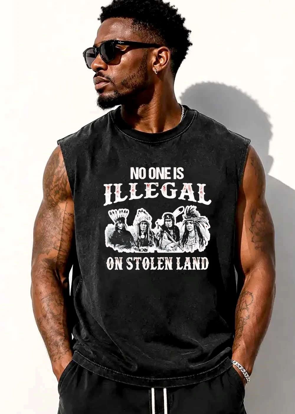 No One Is Illegal On Stolen Land Four Native American Chiefs Portrait Black White shirt