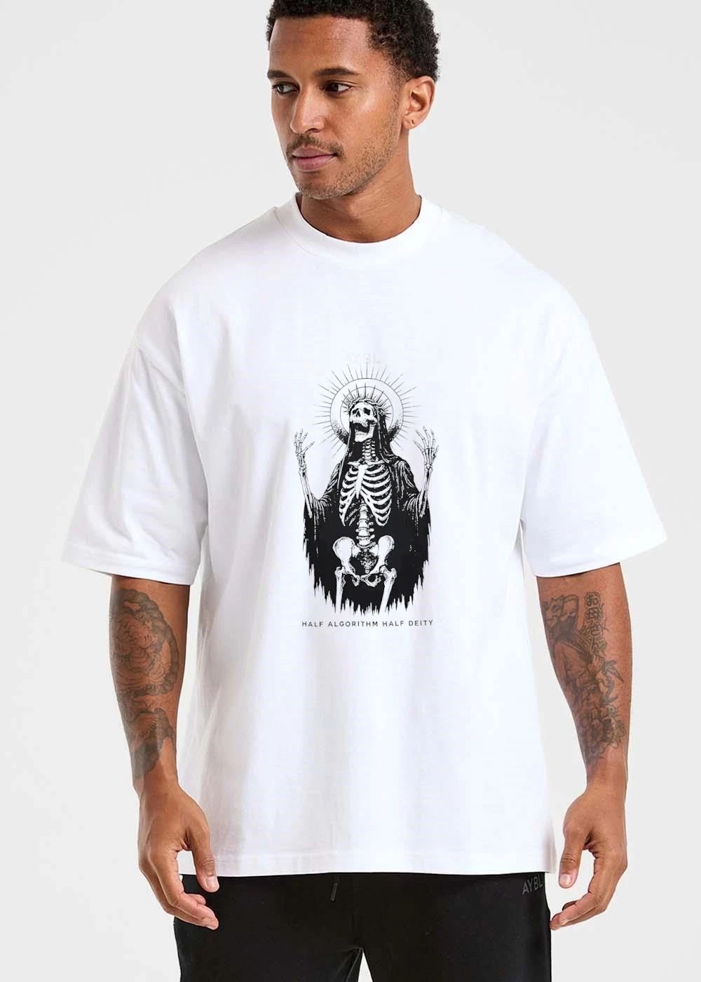 Half Algorithm Deity Cloaked Skeleton Crown Thorns Halo Line Art shirt
