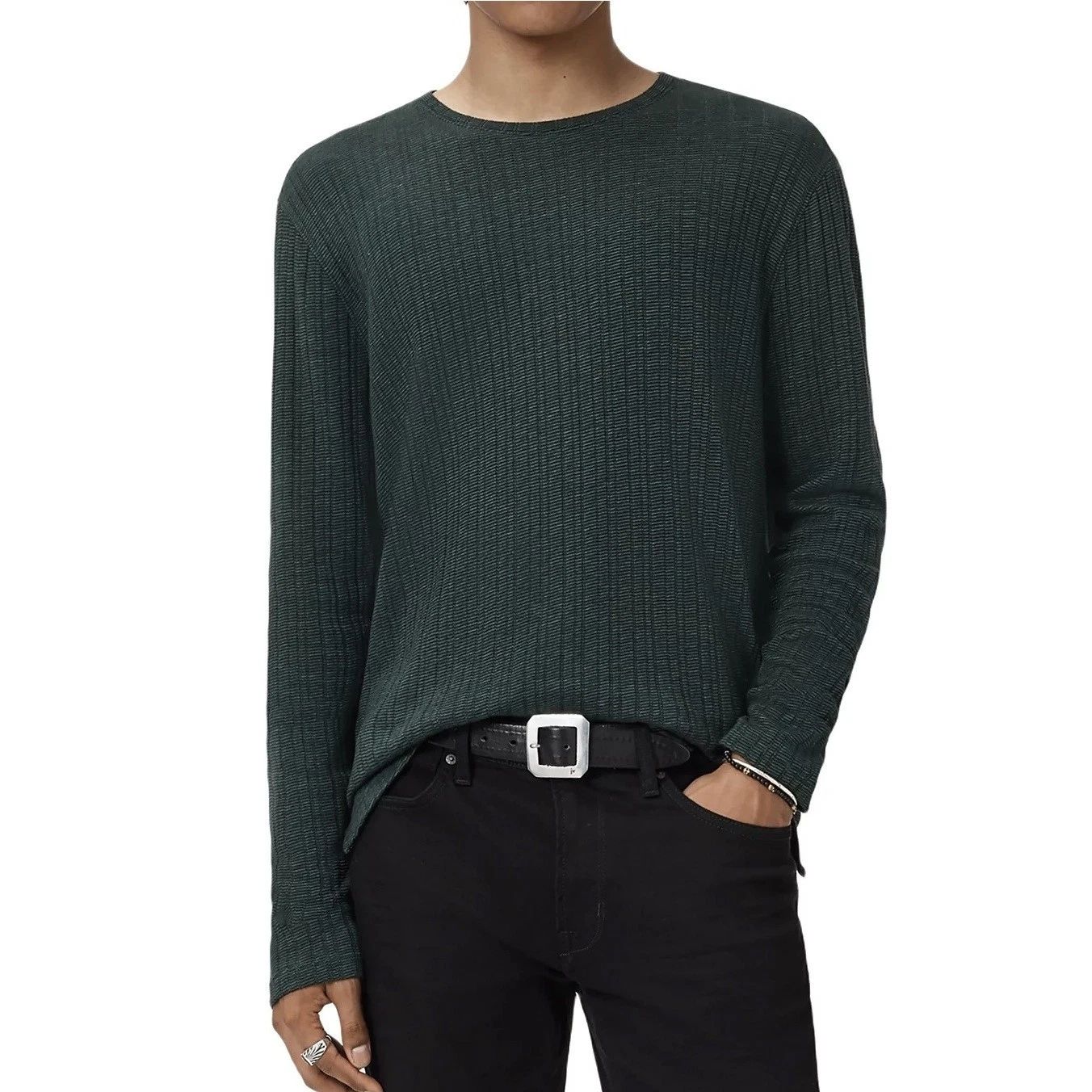 John Varvatos Collection Men's Long Sleeve Fern Feeder Rib Crewneck Tee Seaweed