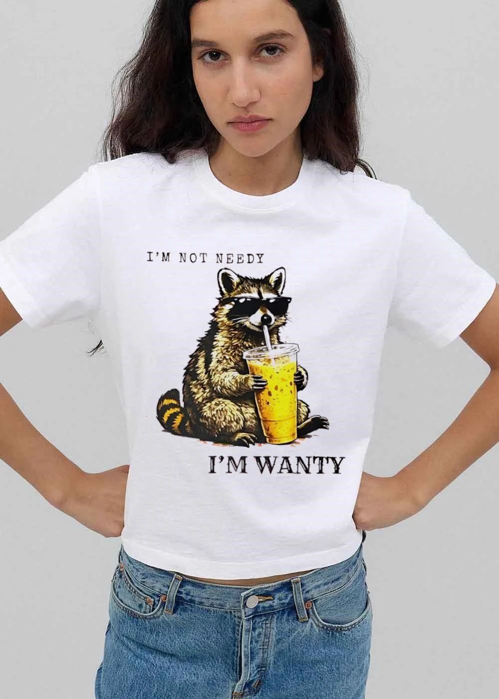 Im Not Needy Wanty Raccoon Wearing Black Sunglasses Drinking Iced Beverage shirt