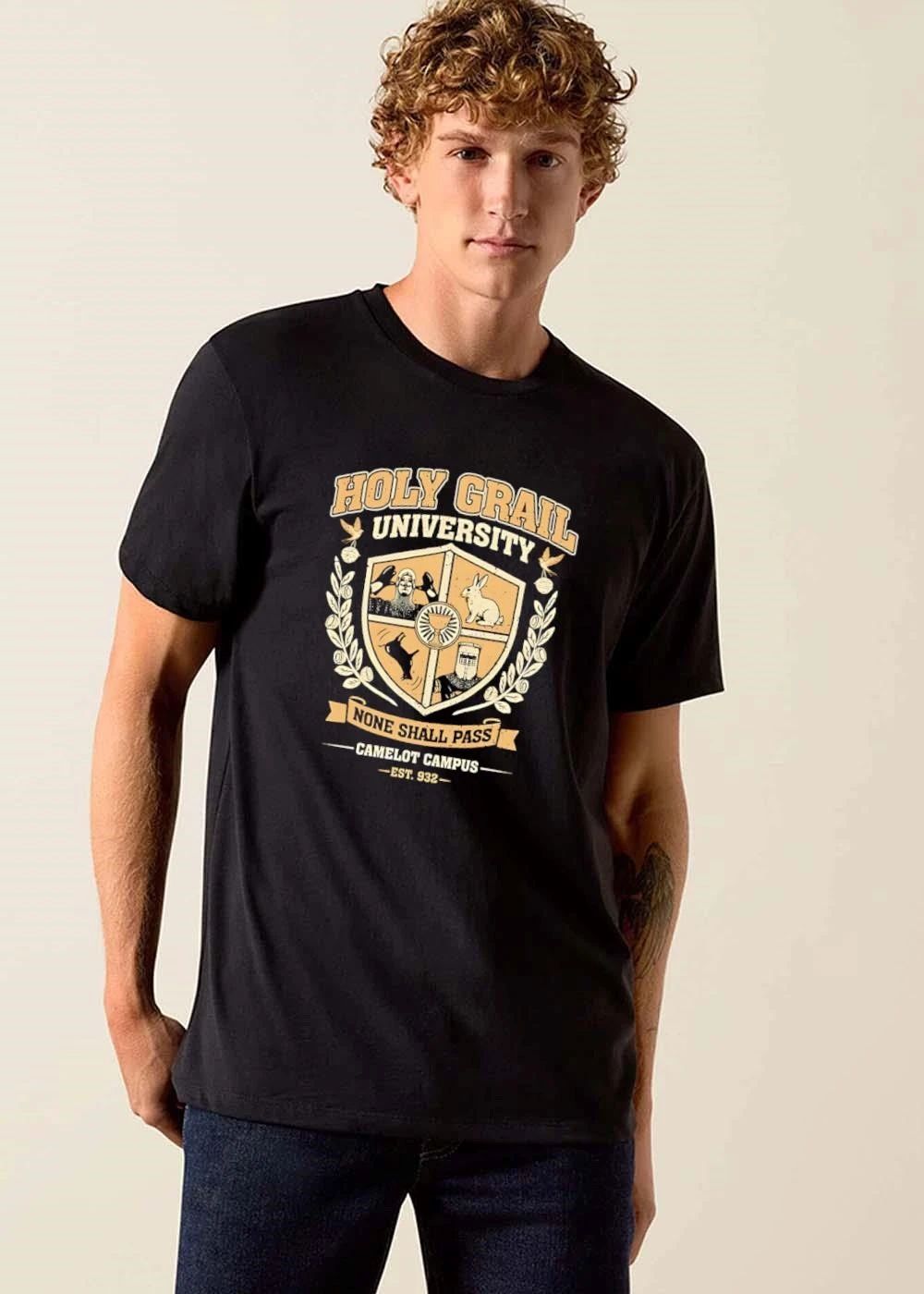 Holy Grail University None Shall Pass Camelot Campus Est 932 Shield Crest Swallows Coconuts Knights Distressed shirt