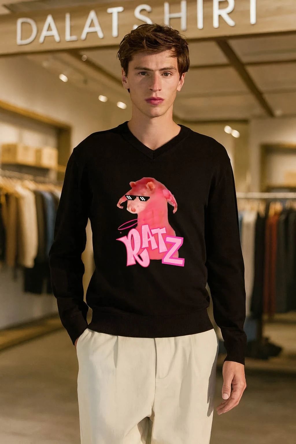 Muscular pink toned rat with pixel thug life sunglasses Bratz doll logo parody RATZ shirt
