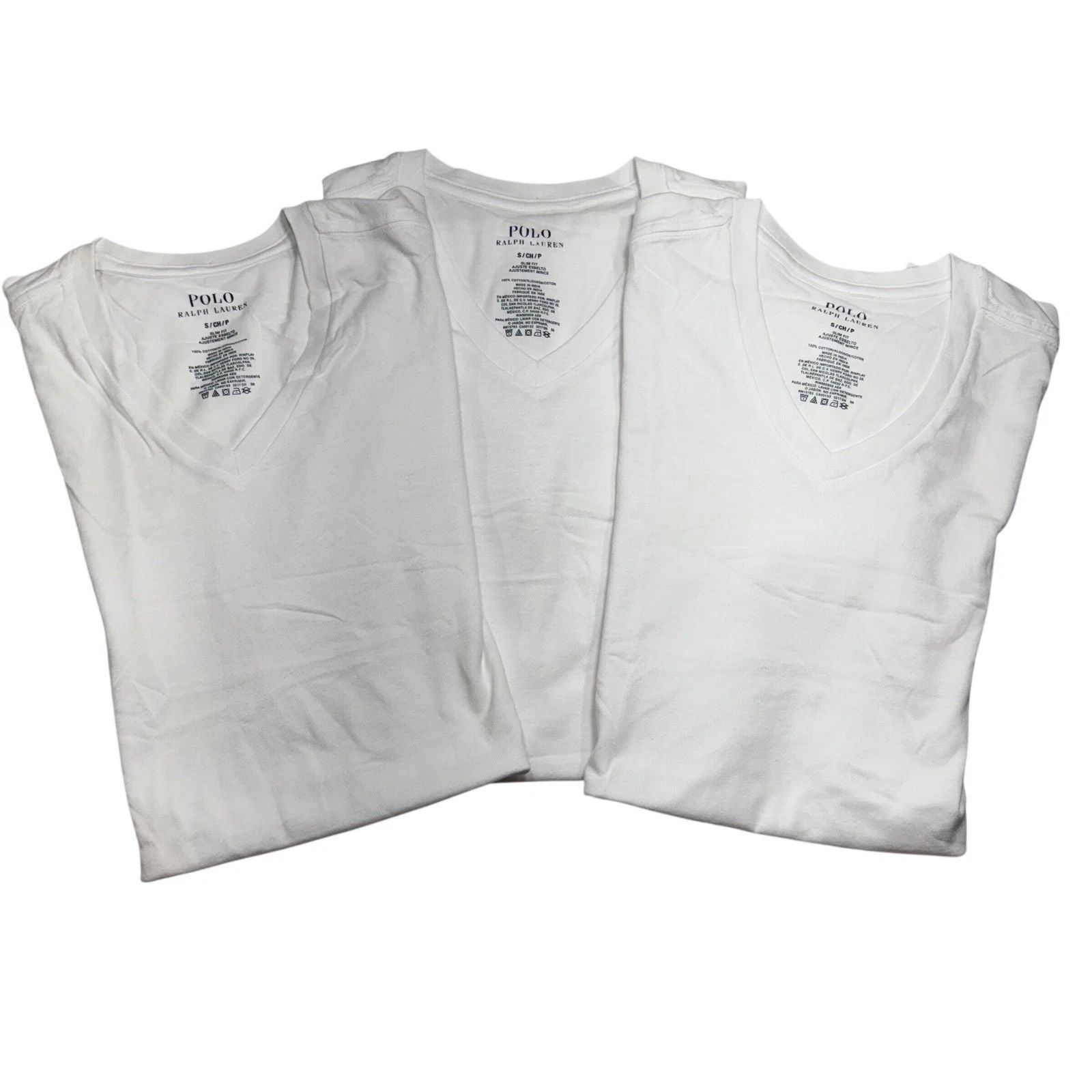 Polo Ralph Lauren Men 3 Pack White V-Neck Slim Fit Cotton Undershirts Size Small