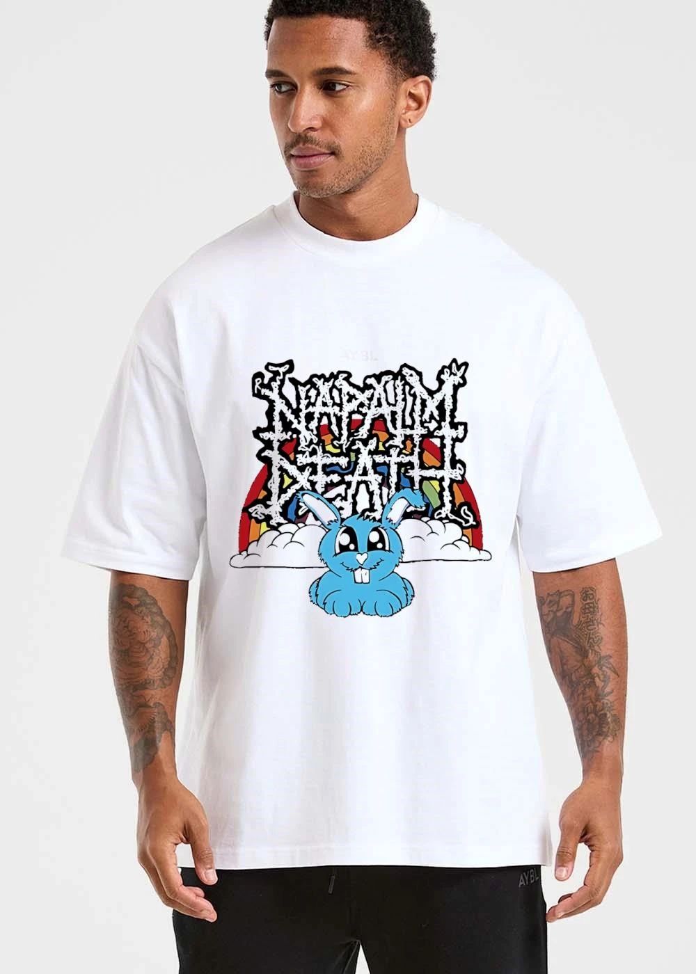 Napalm Death Spiky Text Cute Cartoon Blue Bunny Rainbow Clouds shirt