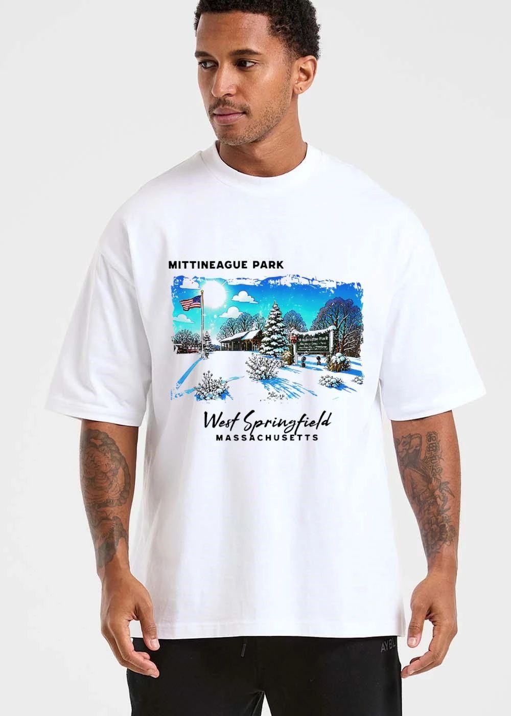 Mittineague Park West Springfield Massachusetts Snowy Winter Landscape American Flag Pavilion shirt