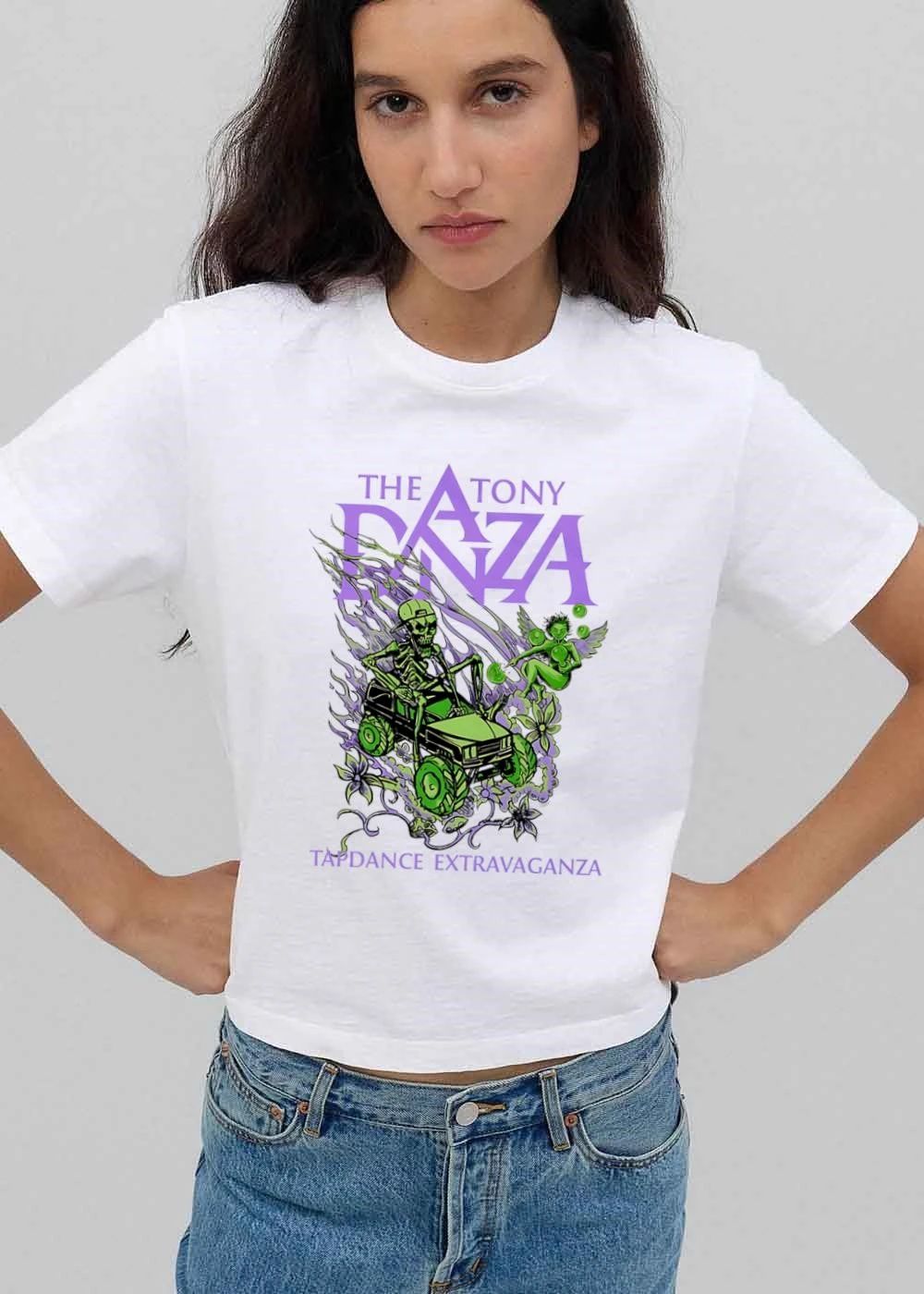 The Tony Danza Tapdance Extravaganza Green Skeleton Driving Monster Truck Purple Flames shirt