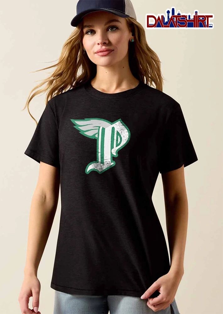 Winged White Old English Gothic Letter P Green Outline Silver Feathers shirt