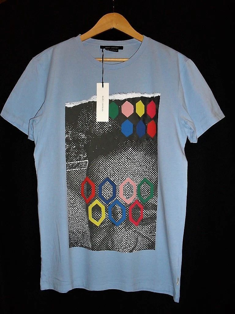 Marc Jacobs Men’s Blue T‑Shirt – 100% Cotton Jersey Front Print Round Neck M