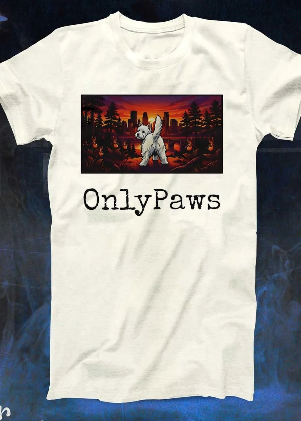 OnlyPaws Westie Dog Gazing at Minneapolis Sunset Skyline shirt