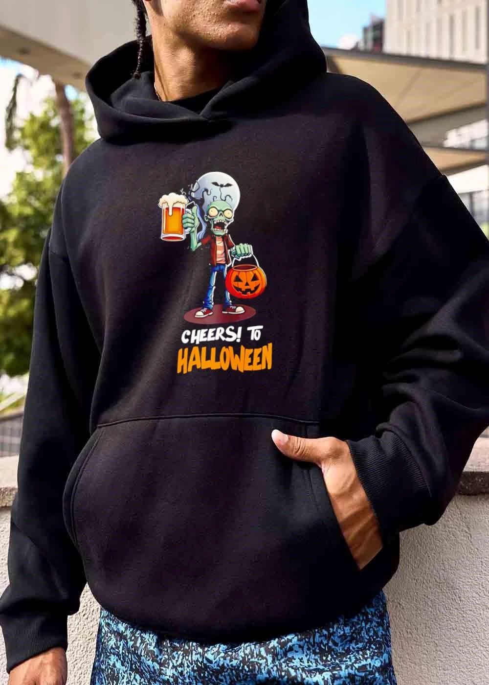 Cheers To Halloween Cartoon Zombie Holding Beer Mug Pumpkin Basket shirt