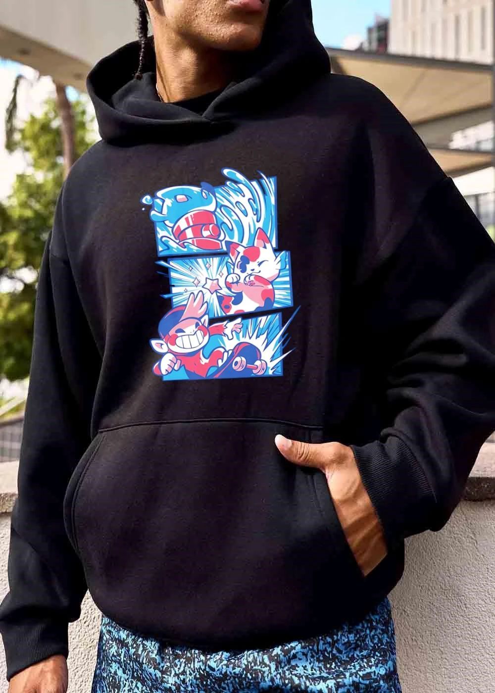 Cartoon Comic Book Panels Water Wave Calico Cat Skateboarding Monkey shirt