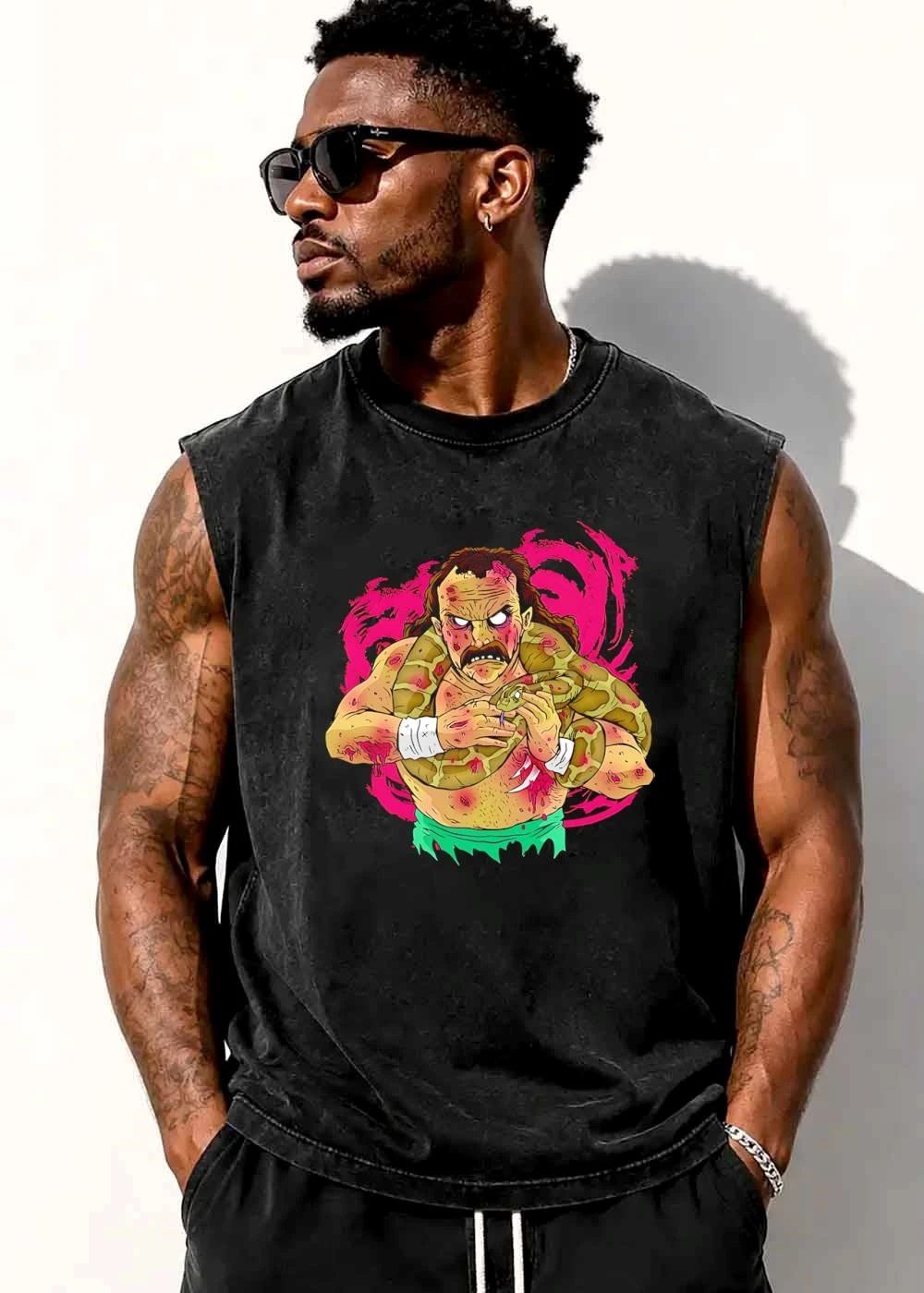 Mustachioed Zombie Wrestler Python Background Caricature shirt