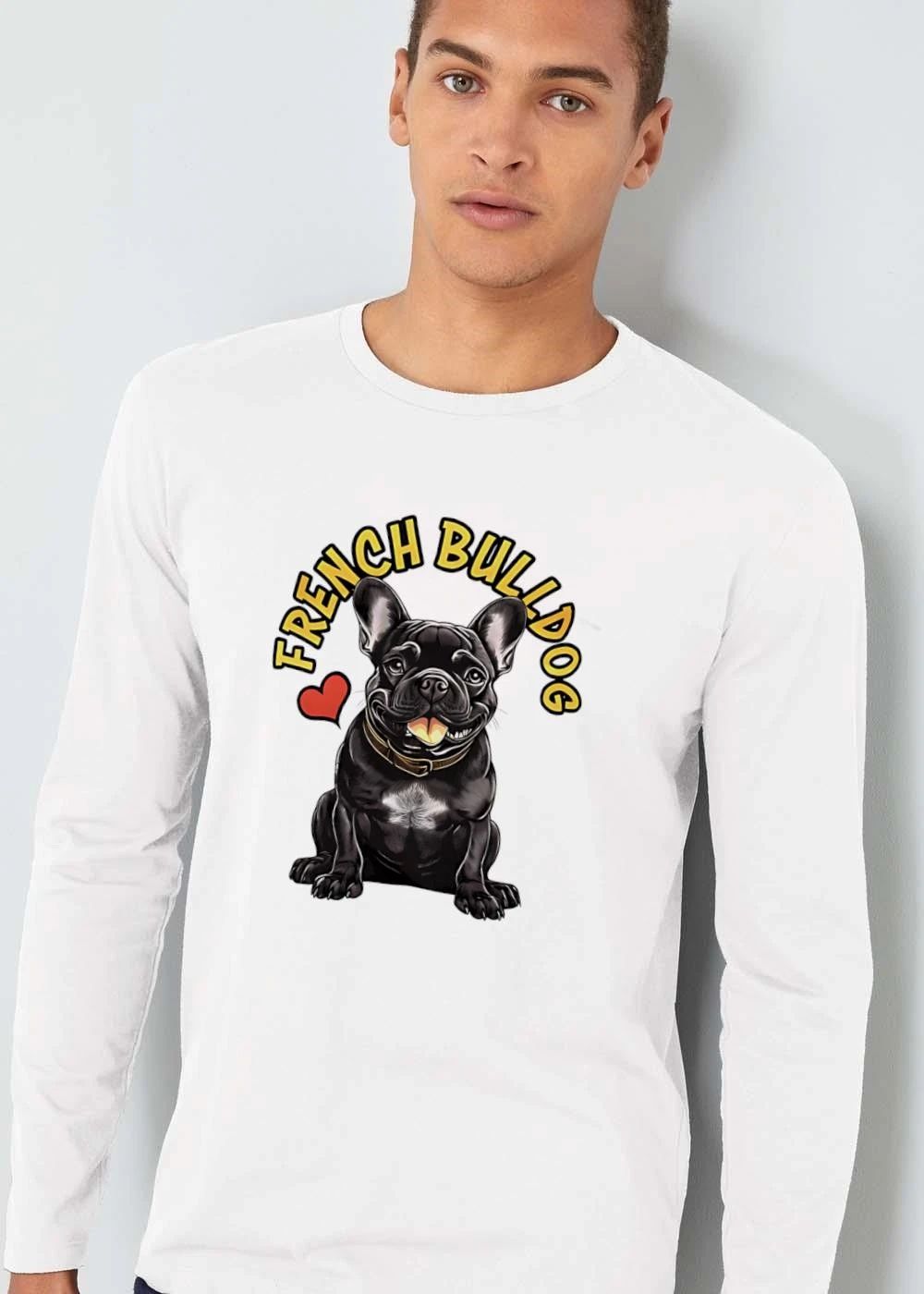French Bulldog Cartoon Black Sitting Pet Tongue Out Collar Red Heart shirt