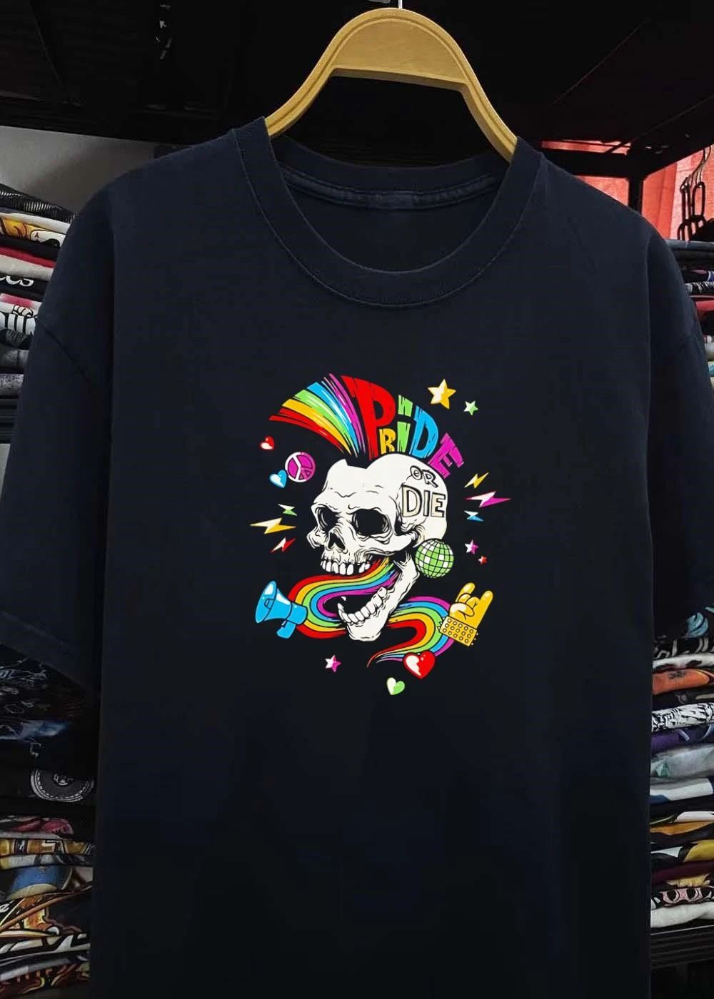 Pride or Die Skull Rainbow Punk Disco Megaphone Rock Hand Pride or Die shirt