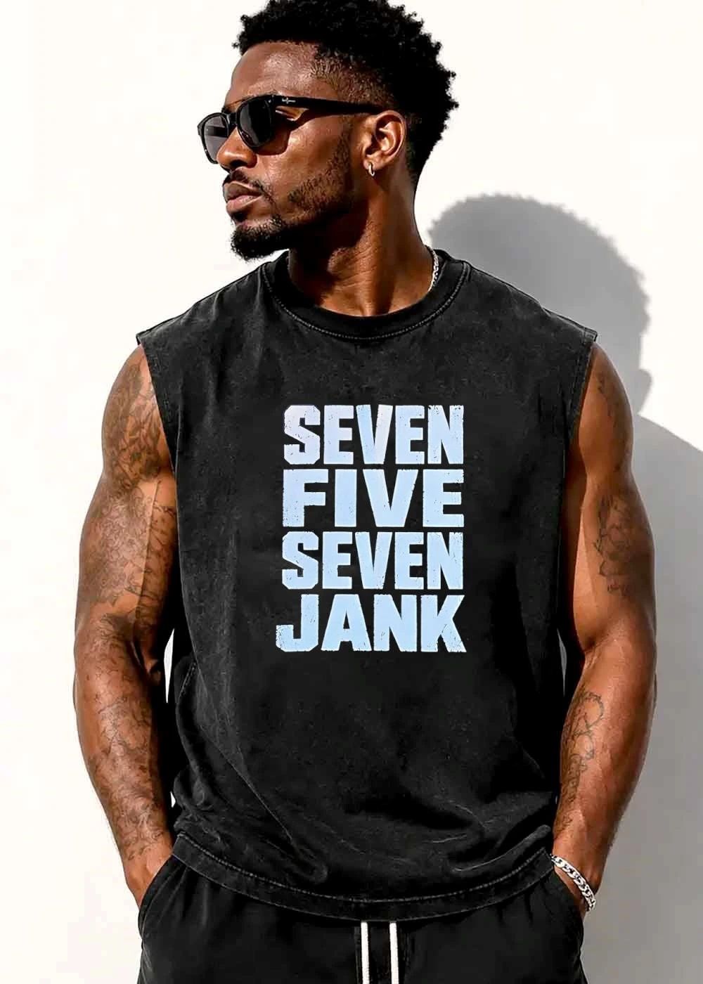 Seven Five Jank Distressed Bold Block Letters White Cracked Text shirt