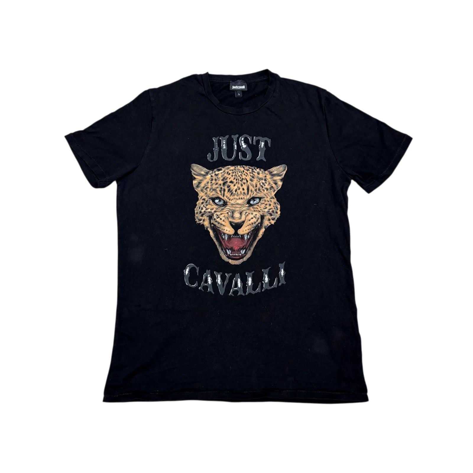Just Cavalli Leopard Tiger Print T Shirt Tee Black Luxury Men's Size Slim L M