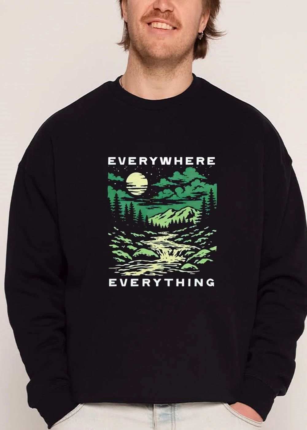 Everywhere Everything Full Moon Mountain Forest River Woodcut shirt