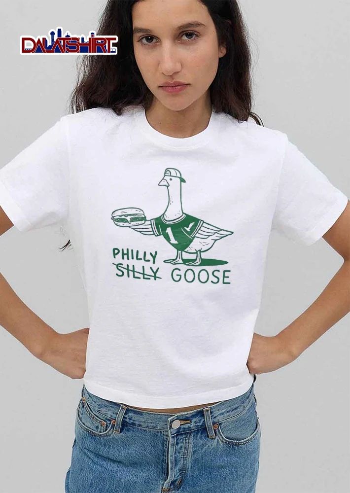 Philly Silly Goose Cartoon Line Art Mascot Wearing Jersey Backwards Cap Holding Cheesesteak shirt