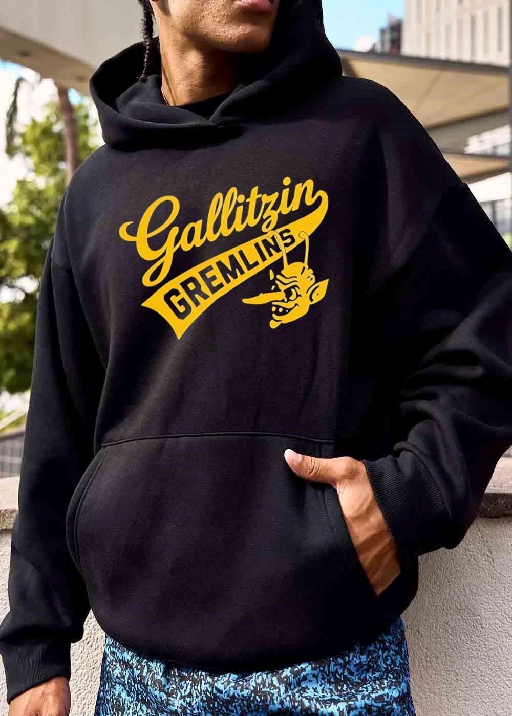 Gallitzin Gremlins Yellow Script Text Cartoon Mascot Head Profile Banner shirt