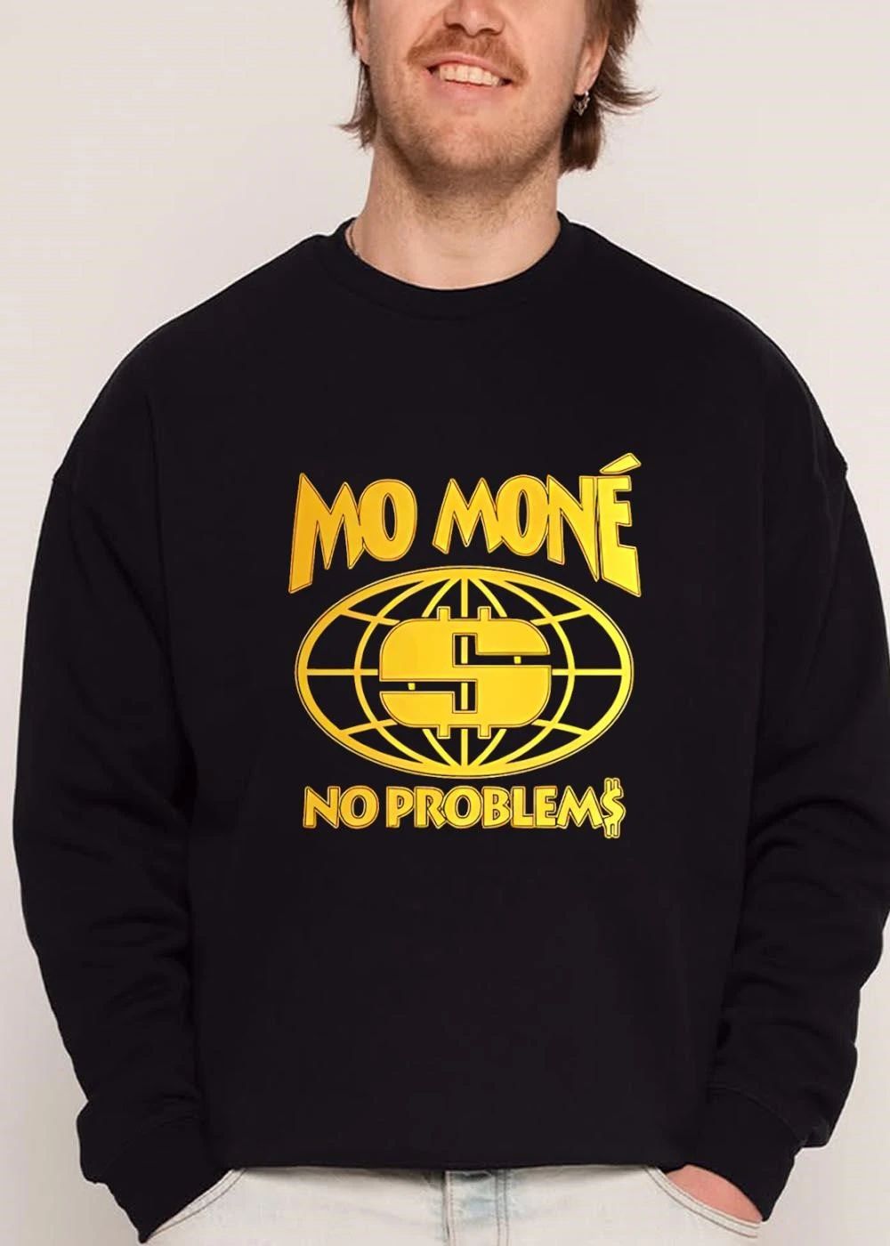 Mo Mone No Problems Gold Globe Dollar Sign Symbol Black Background shirt