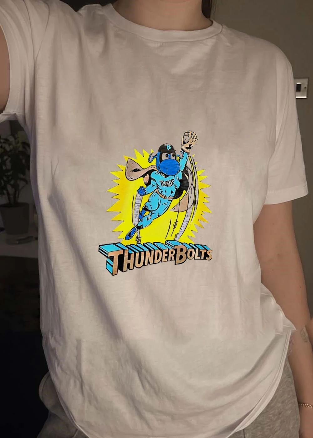 Thunderbolts Baseball Logo Superhero Action Figure Blue Character Shirt