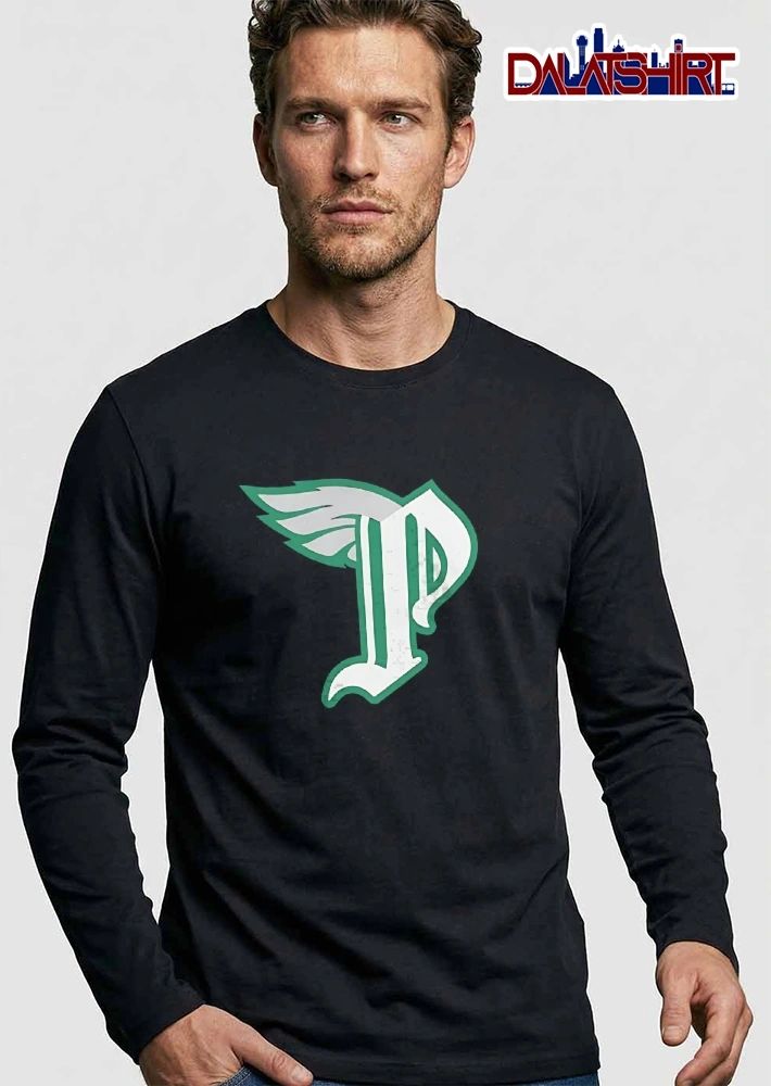 Winged White Old English Gothic Letter P Green Outline Silver Feathers shirt