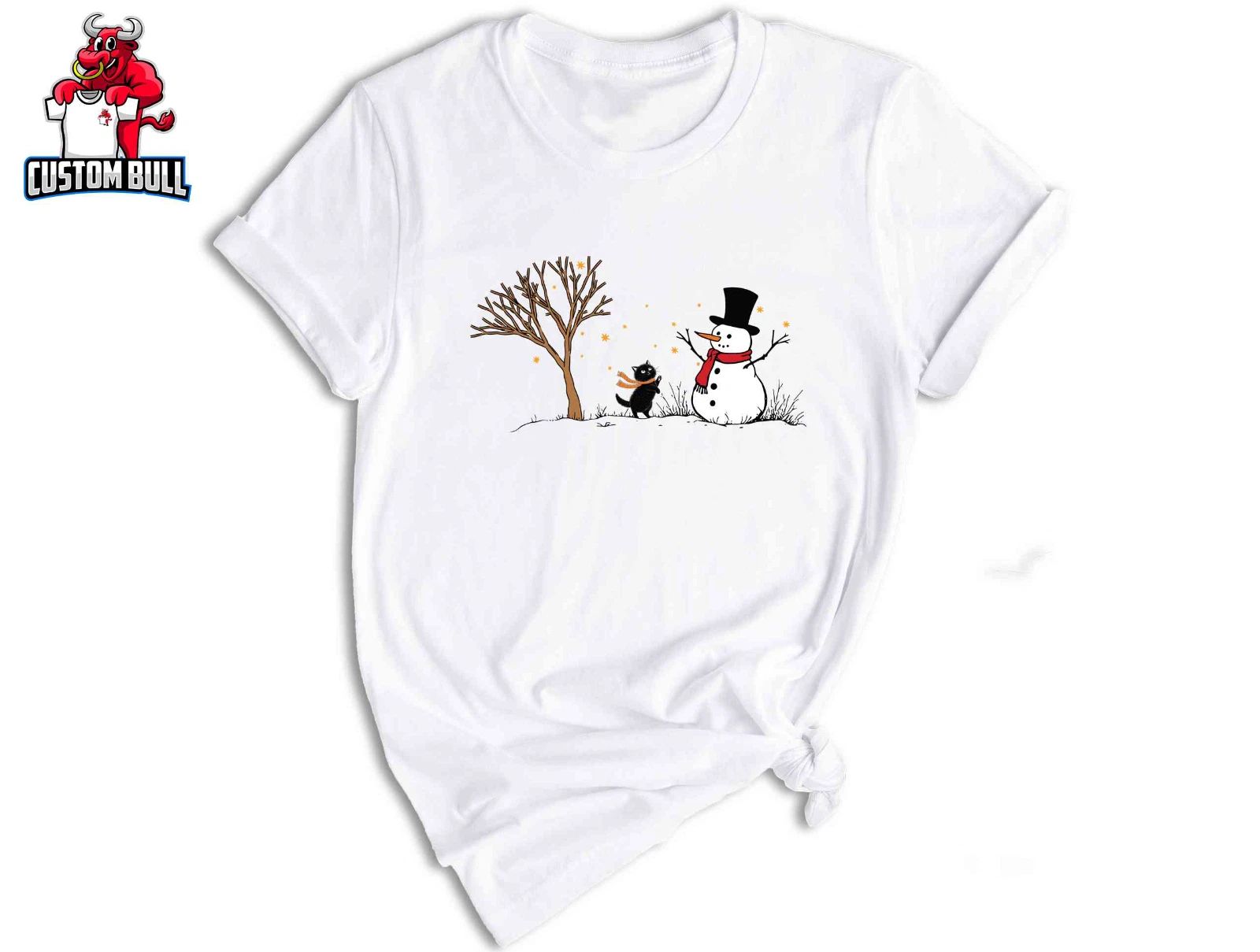 Christmas Snowman & Cat T-Shirt, Christmas Tree Shirt, Cute Snowman Tee