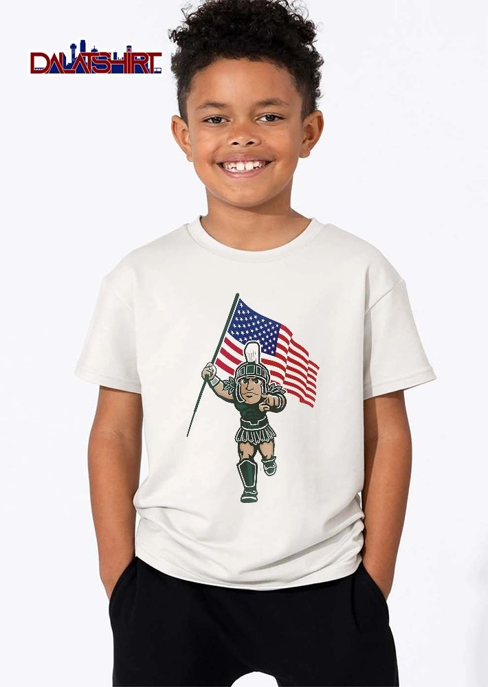 Michigan State Spartans NCAA Cartoon Sparty Mascot Holding American Flag Pointing shirt