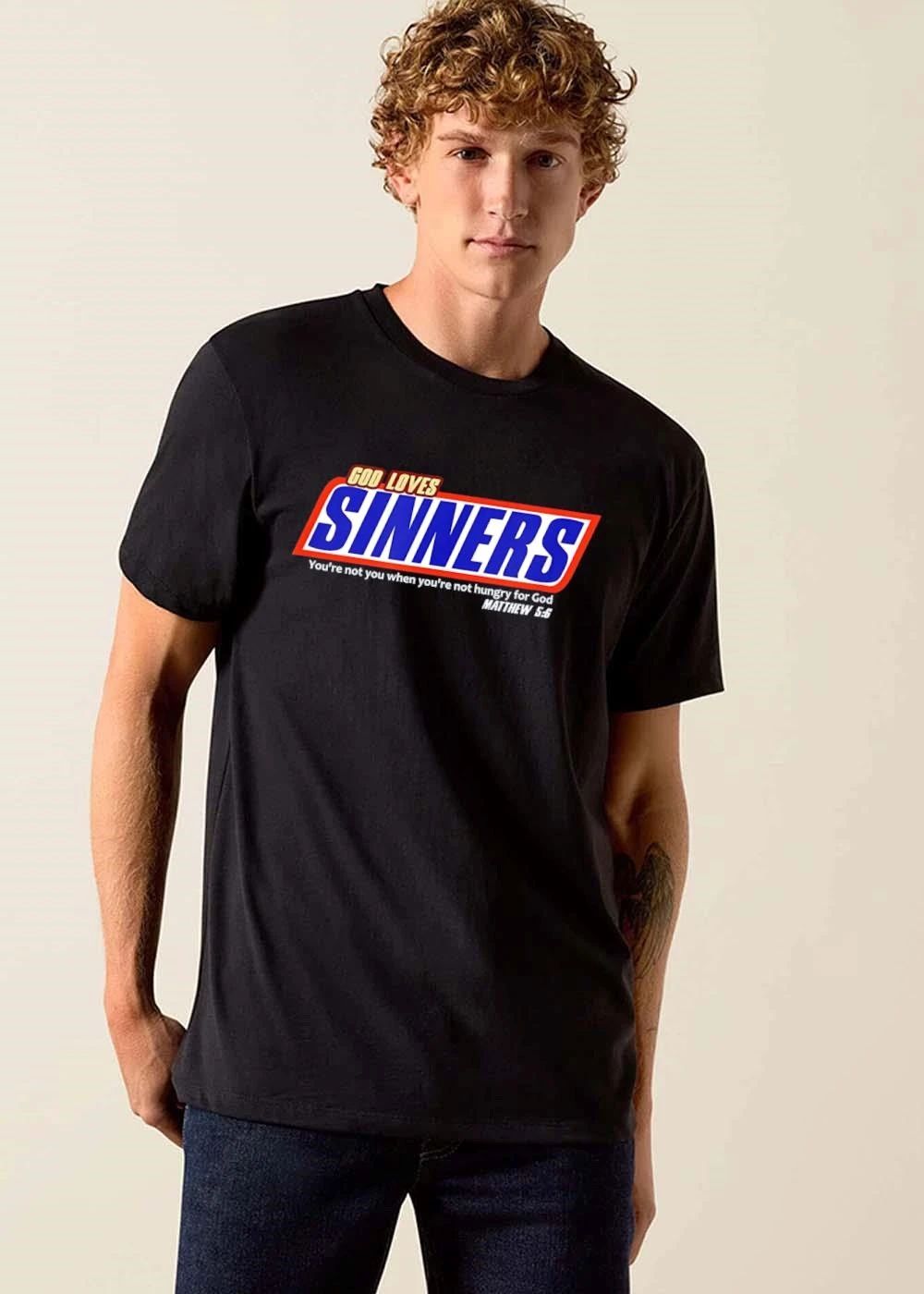 God Loves Sinners Youre Not You When Hungry For Matthew 5 6 Snickers Candy Bar Logo Parody shirt