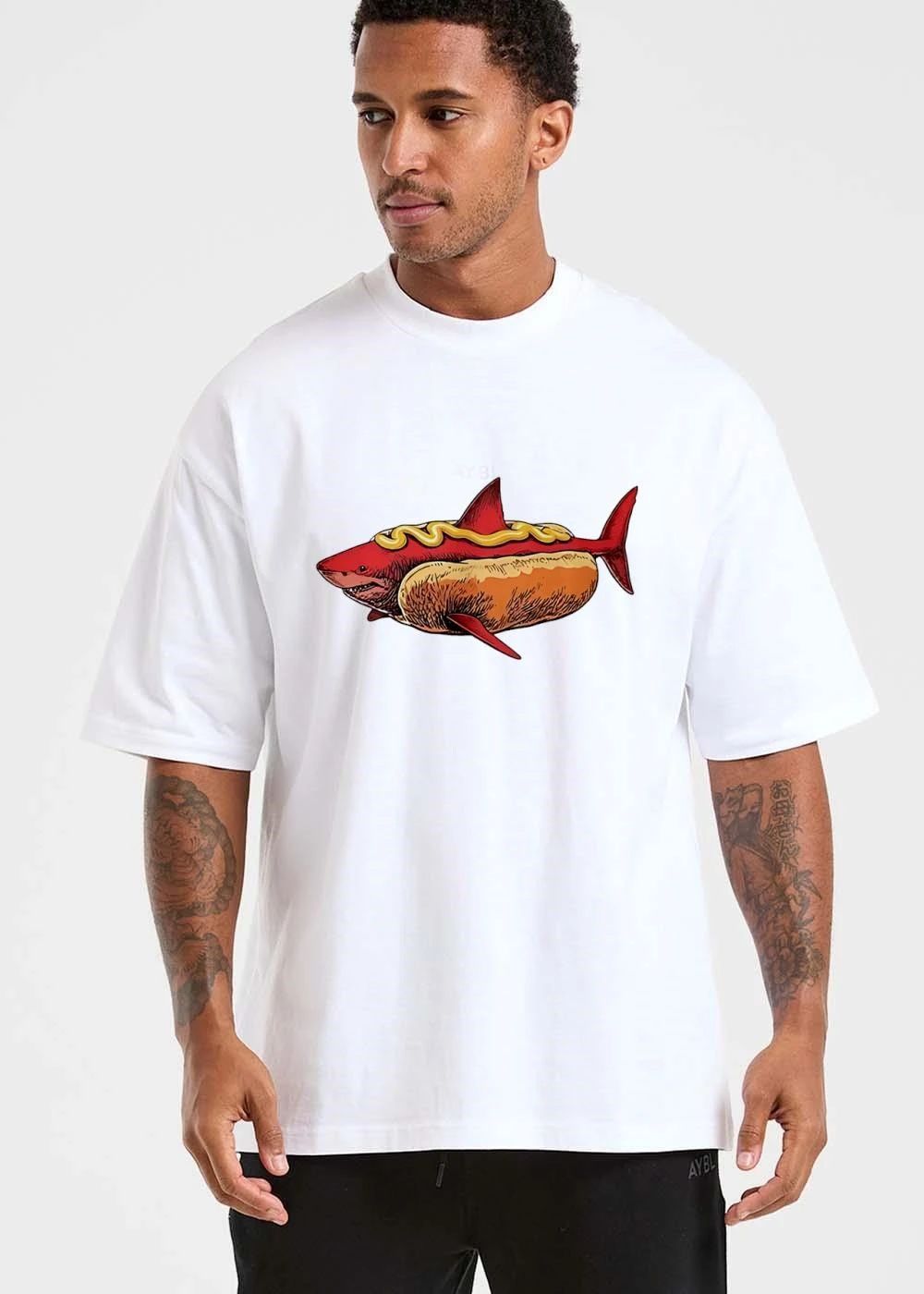 Cartoon Red Shark Swimming Inside Hot Dog Bun Yellow Mustard shirt