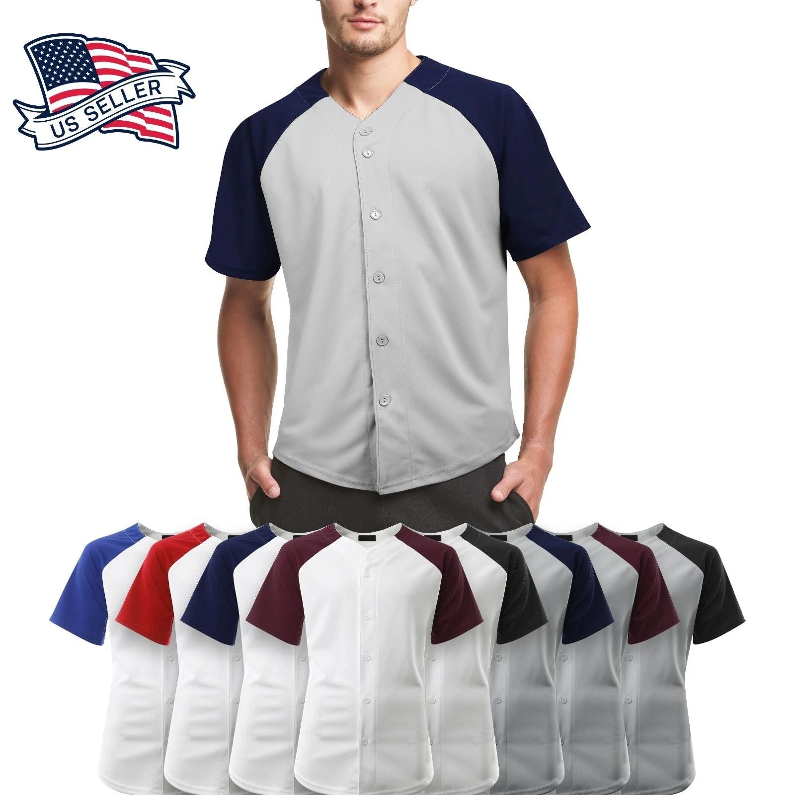 Mens Baseball Jersey Raglan Button Down Shirts Sport Fit Tee Hip Hop