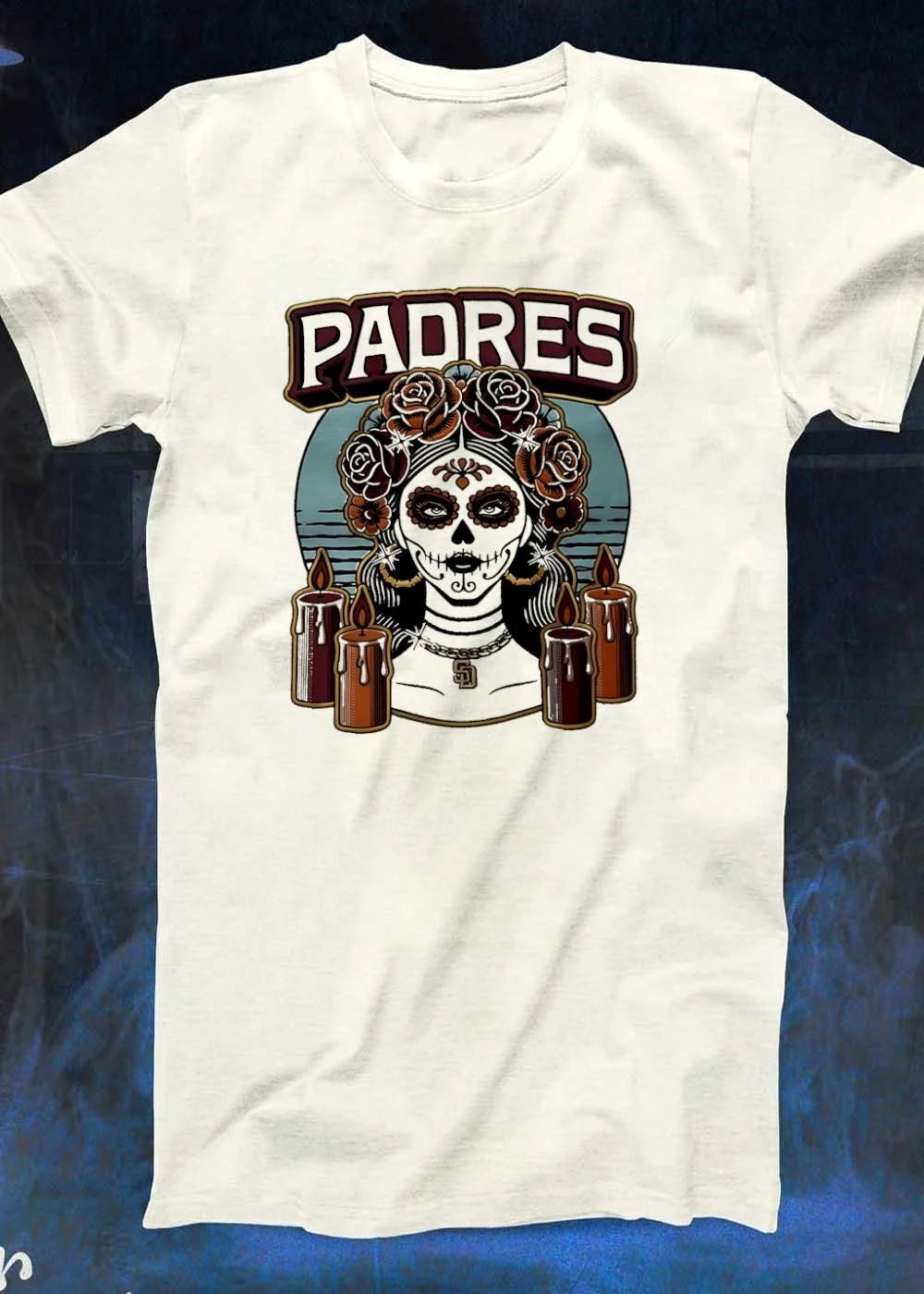 Sugar Skull Woman Wearing SD Pendant Candles Padres Shirt