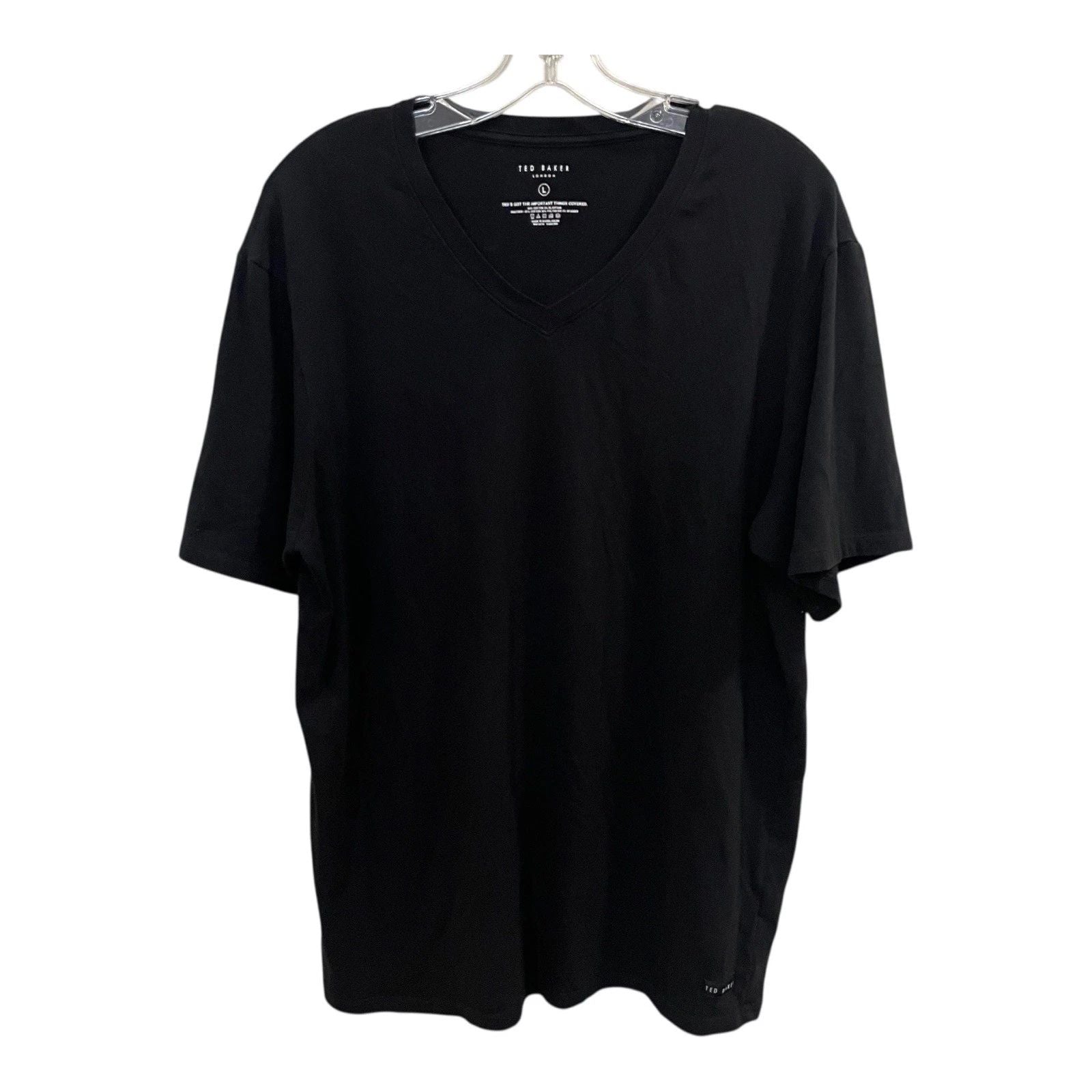 Ted Baker Black T Shirt Mens Large V Neck Short Sleeve Cotton Stretch Logo
