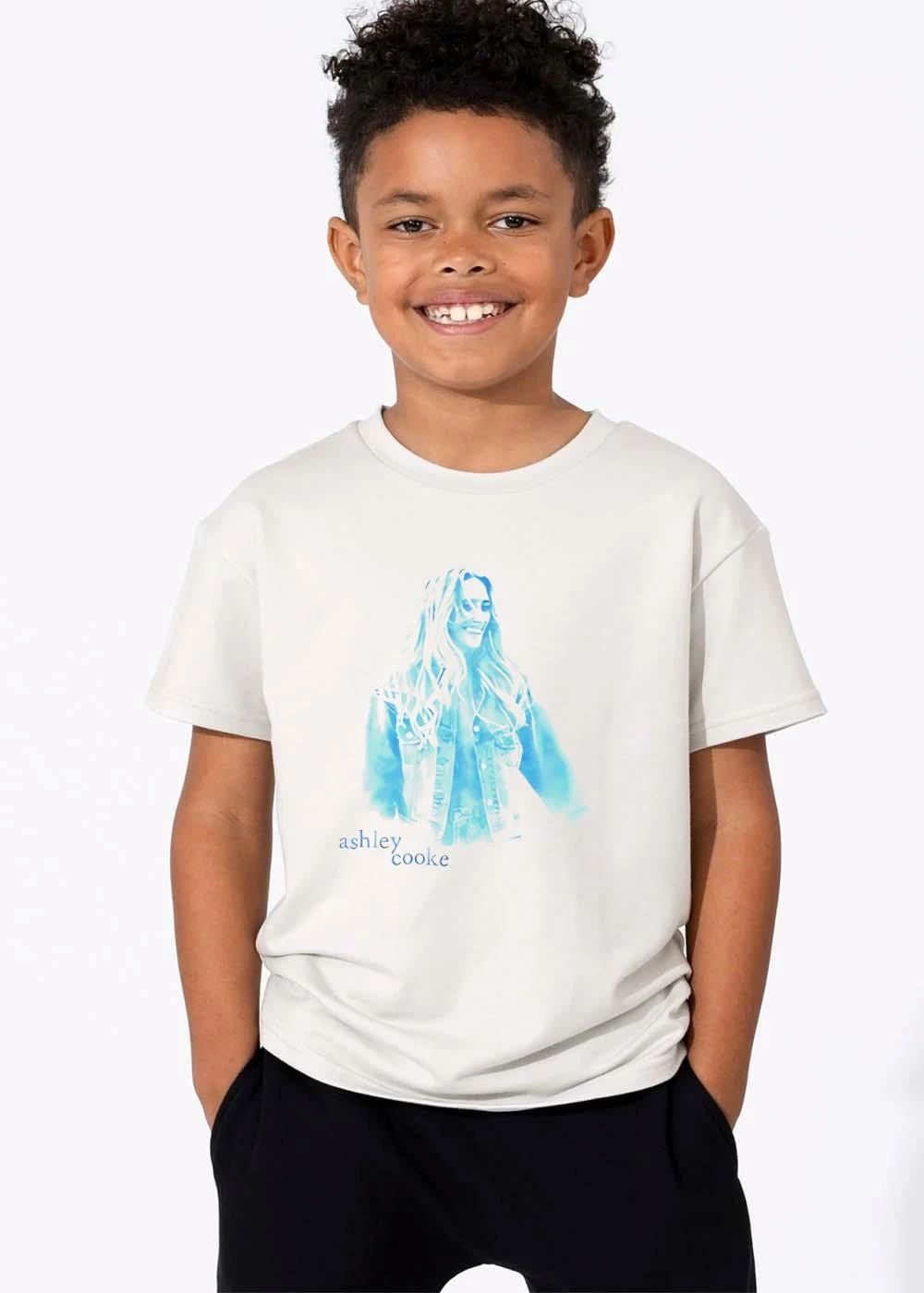 Ashley Cooke Smiling Woman Denim Jacket Cyan Watercolor Portrait shirt