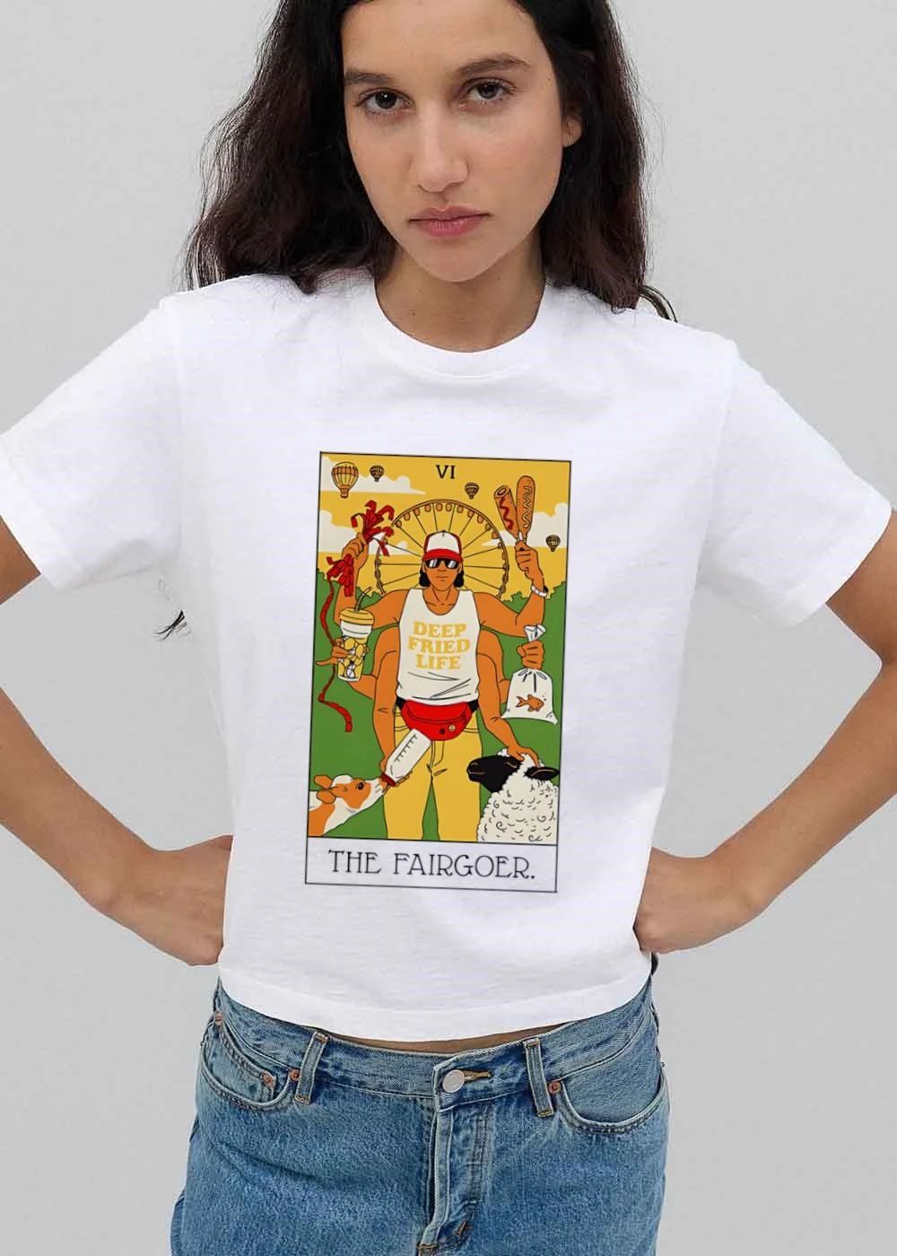 Vi Deep Fried Life The Fairgoer Six Armed Man Carnival Tarot Card Cartoon shirt