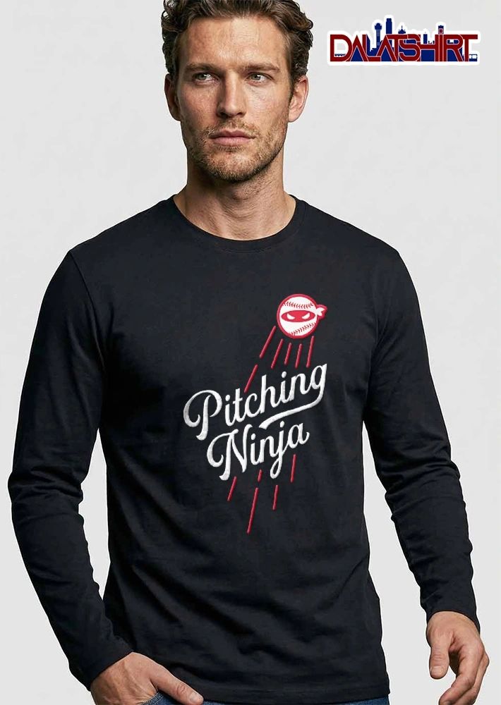 Pitching Ninja Masked Baseball Flying Red Motion Lines Script shirt