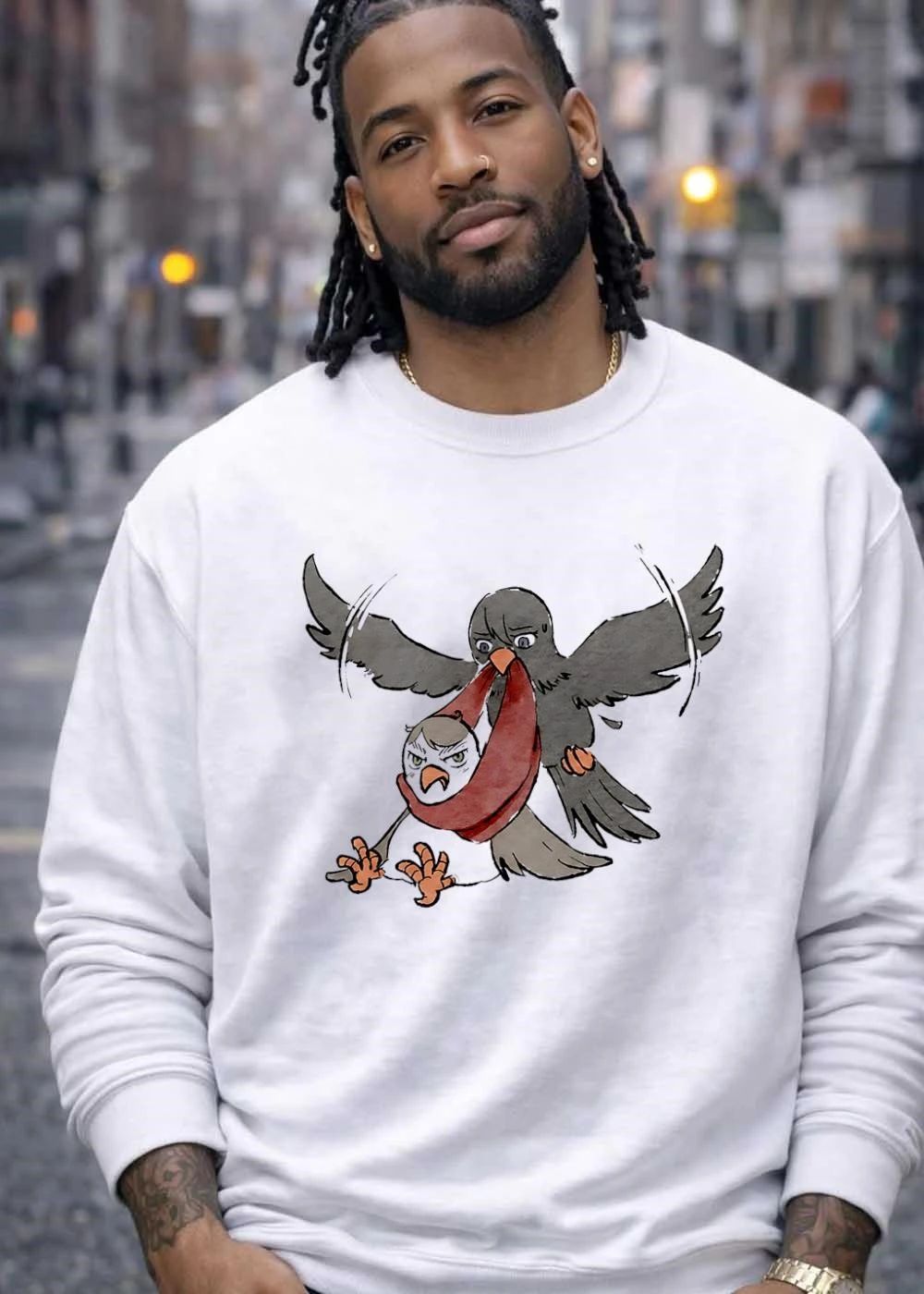 Cartoon Flying Dark Crow Carrying Grumpy Chick Red Scarf Swaddle shirt