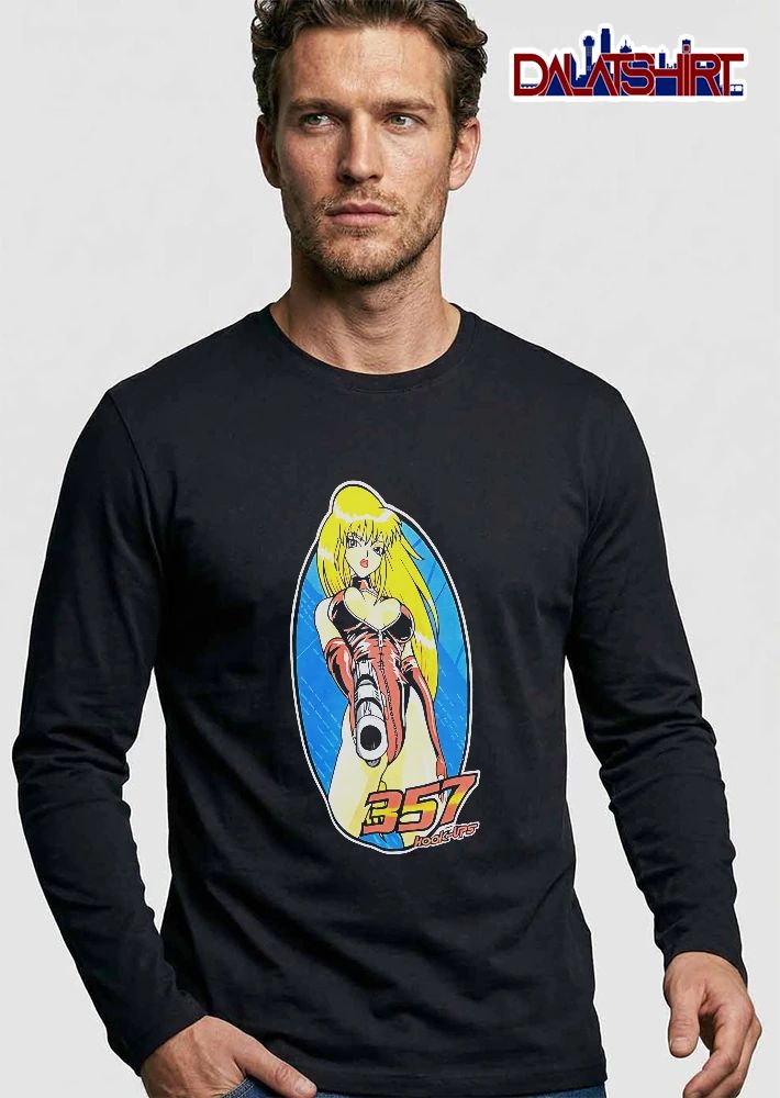 Hook Ups 357 Cartoon Girl Blonde Hair Pointing Gun Blue Oval Frame shirt