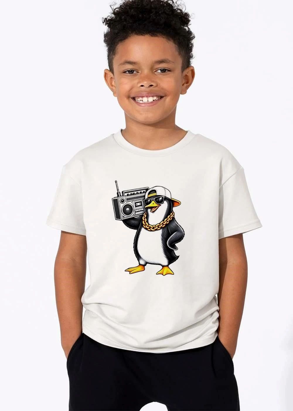 Cartoon Hip Hop Penguin Carrying Retro Boombox Gold Chain Sunglasses shirt