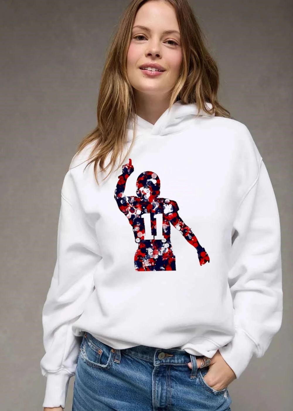 Football Player Silhouette Number 11 Pointing Up Red White Blue Paint Splatter Watercolor shirt