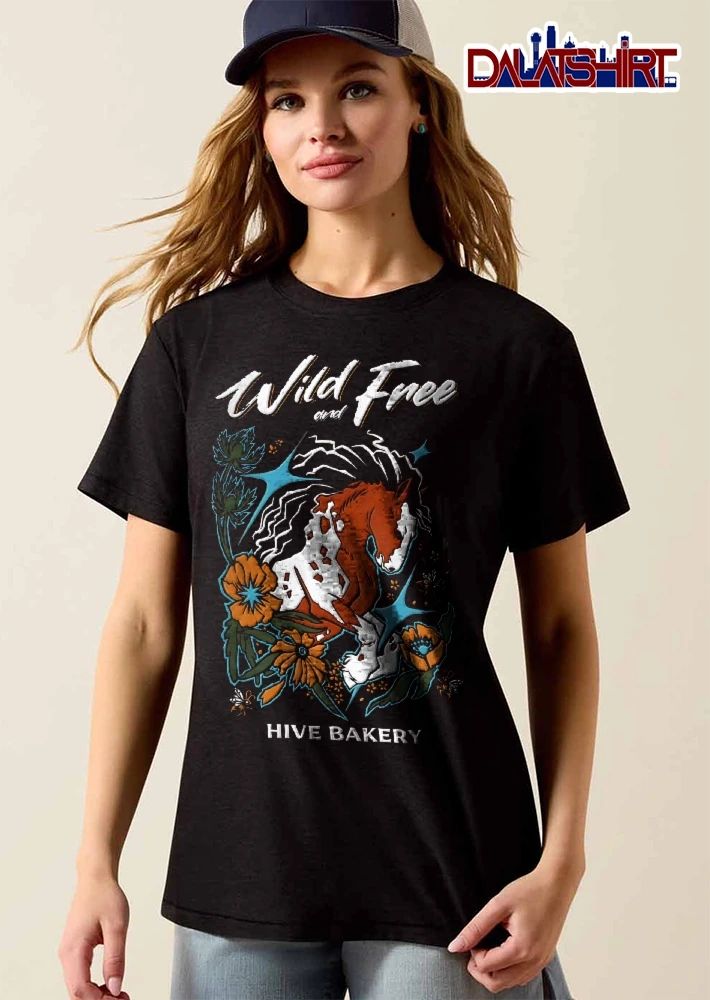 Hive Bakery Wild And Free Pinto Horse Flowing Mane Flowers Bees shirt