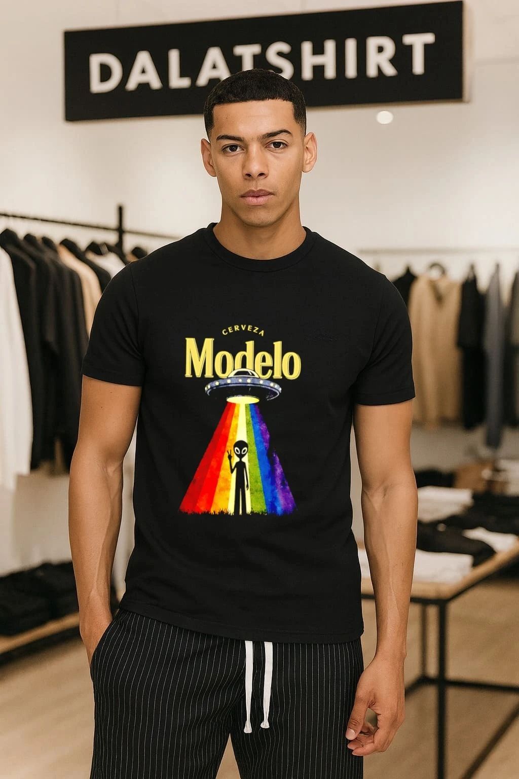 Modelo Cerveza beer alien extraterrestrial UFO spaceship rainbow peace Cerveza Modelo shirt