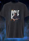 J Cole 26 Seated Rapper Wearing Small Gold Crown Distressed Background shirt