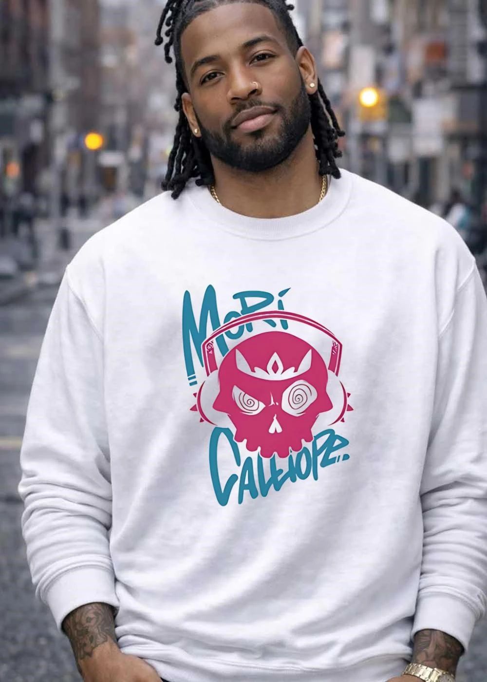 Mori Calliope Pink Skull Swirl Eyes Crown Headphones Blue Text shirt