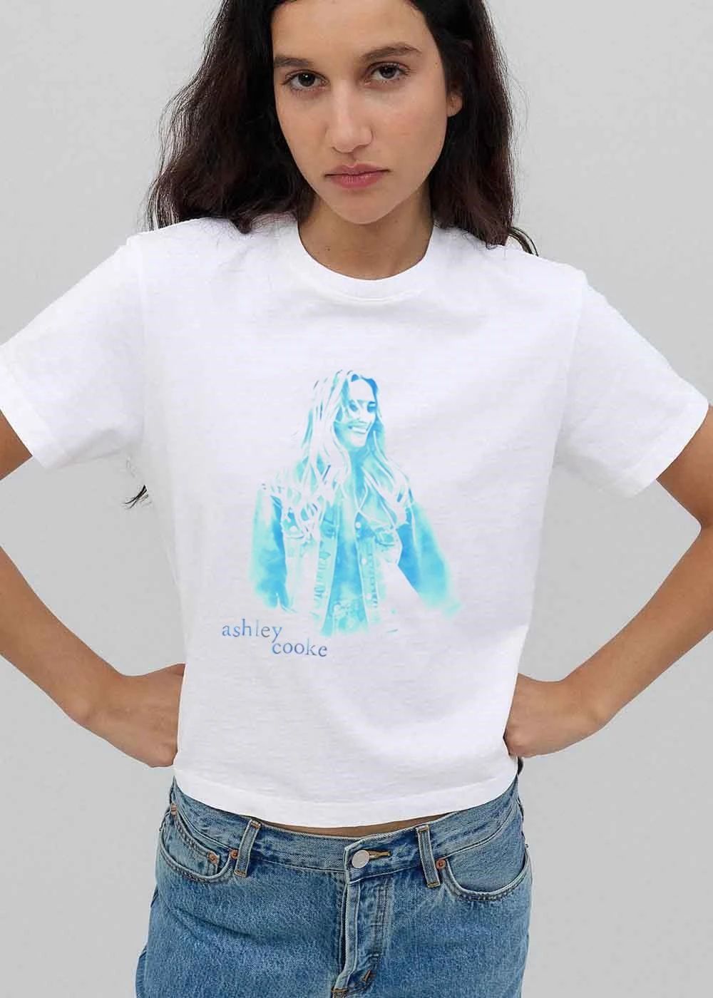 Ashley Cooke Smiling Woman Denim Jacket Cyan Watercolor Portrait shirt