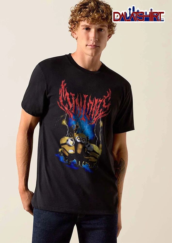 Minions Three Yellow Characters Banana Lightning Blue Background Death Metal shirt