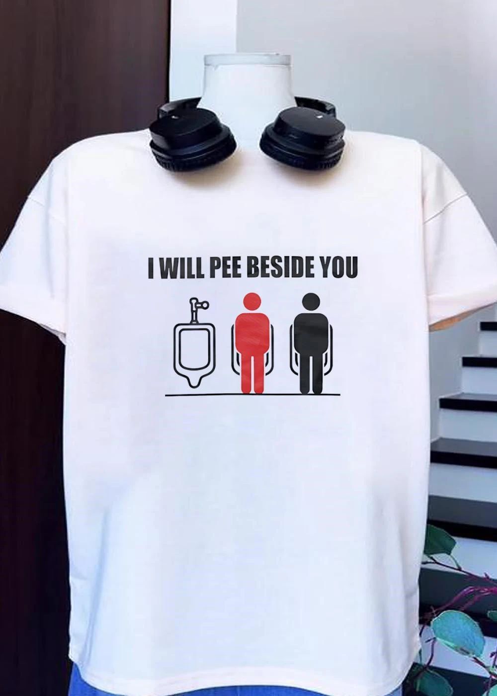 I Will Pee Beside You Red Black Human Figures At Urinals Line Art shirt