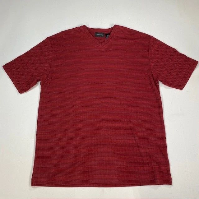Claiborne Mens V-Neck Shirt Medium Red Black Striped Textured Cotton Blend NEW
